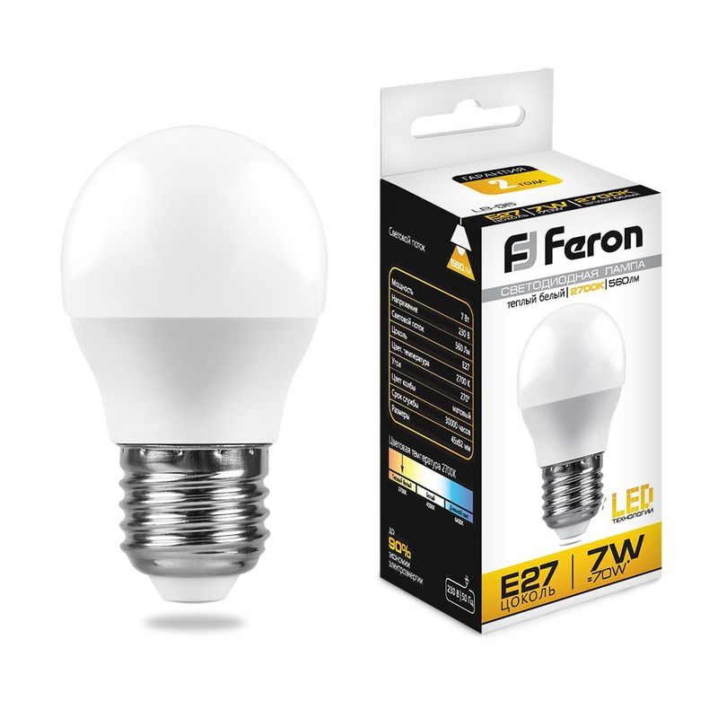 Лампа светодиодная Feron 7W 230V E27 2700K G45, LB-95 25481