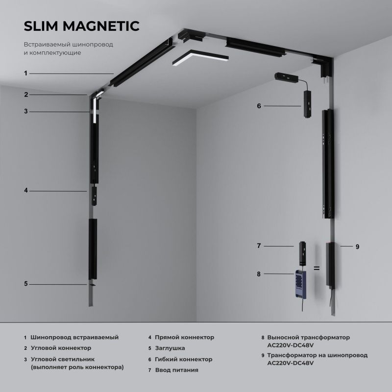 Коннектор угловой Elektrostandard Slim Magnetic внутренний для встраиваемого шинопровода под ГКЛ 9,5мм черный 85213/00