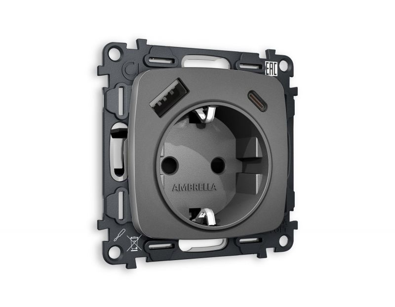 Комплект механизма электрической розетки Ambrella Volt OMEGA Антрацит серый 2USB A+C 20W быстрая зарядка с заземлением и шторками 2P+E 16A-250V QUANT MO660010 фото 1
