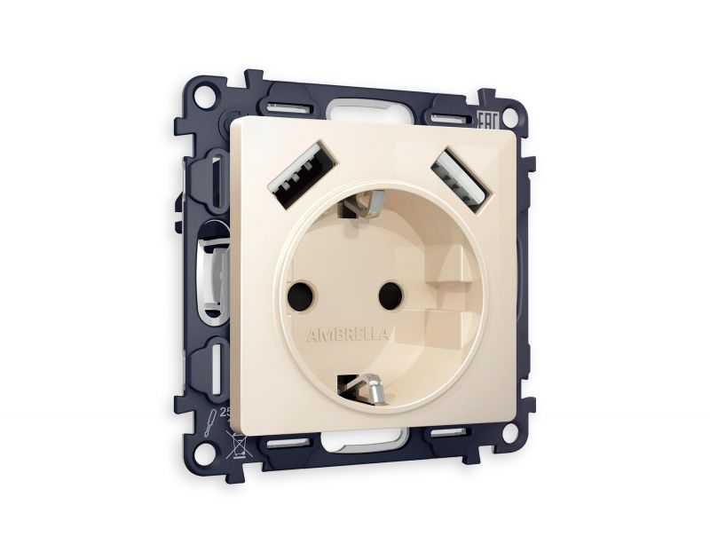 Комплект механизма электрической розетки Ambrella Volt ALFA Бежевый глянец 2USB A+A 18W (быстрая зарядка) с/з (AP3090, VM155) MA309010 фото 1