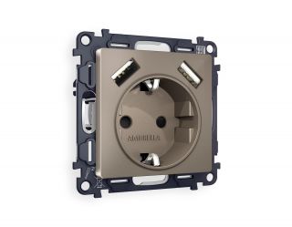 Комплект механизма электрической розетки Ambrella Volt ALFA Темная бронза матовый 2USB A+A 18W быстрая зарядка с заземлением и шторками 2P+E 16A-250V QUANT MA639010