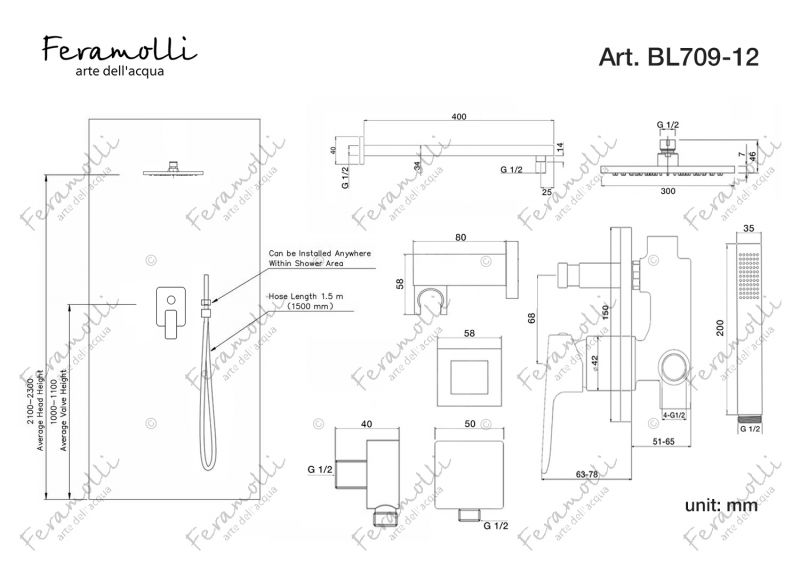 Душевой комплект Feramolli Pura BL709-12 (30см.), черный фото 5