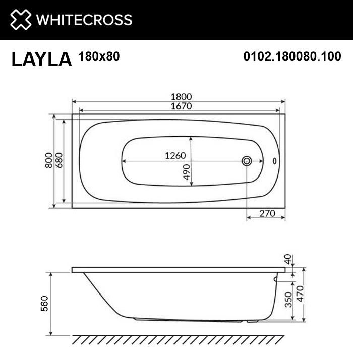 Акриловая ванна  WHITECROSS 0102.180080.100 Layla 180x80