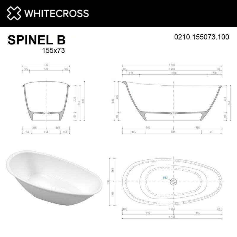 Ванна из искусственного камня WHITECROSS 0210.155073.100 Spinel B 155x73 белый глянец