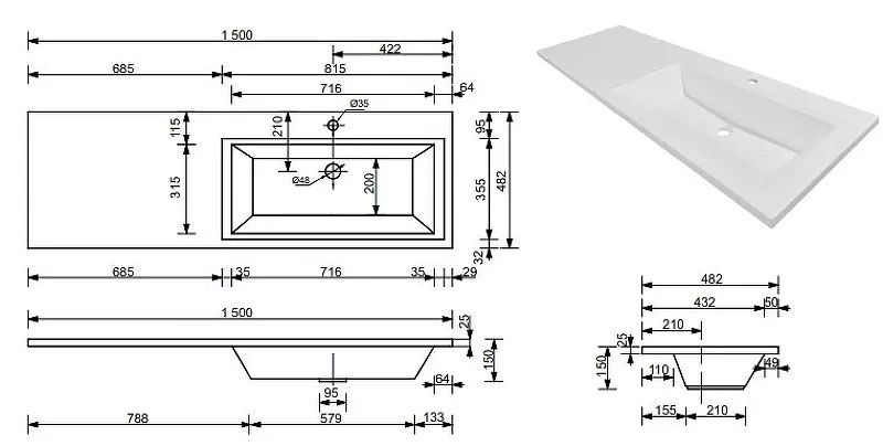 Мебельная раковина Style Line Даллас 1500х482, R СС-00002301