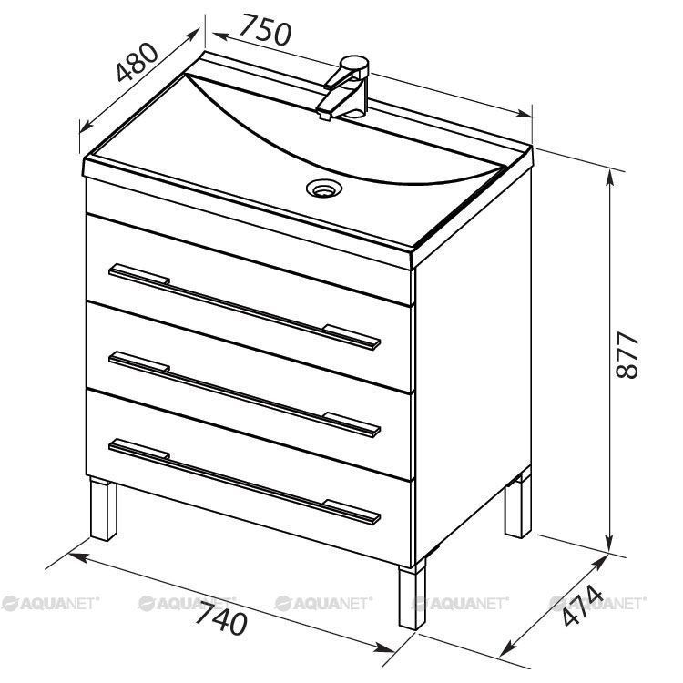 Тумба с раковиной Aquanet Верона NEW 75 белый (напольная 3 ящика) 00212874