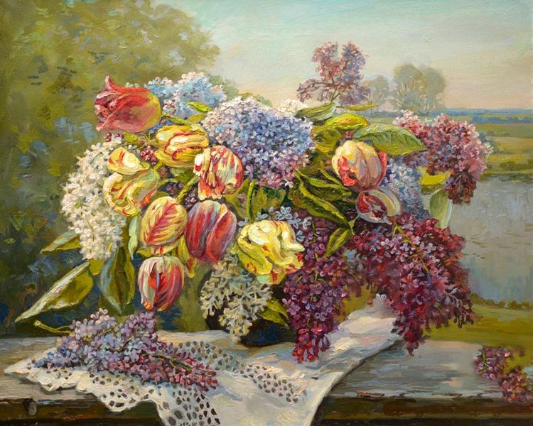 Картина "Сирень с тюльпанами" Панов Эдуард Парфирьевич