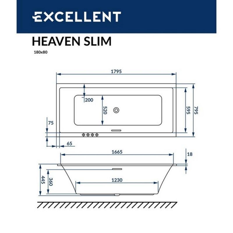 Акриловая ванна Excellent Heaven Slim WAEX.HEV18S.NANO.GL, с гидромассажем, 180x80 см фото 4