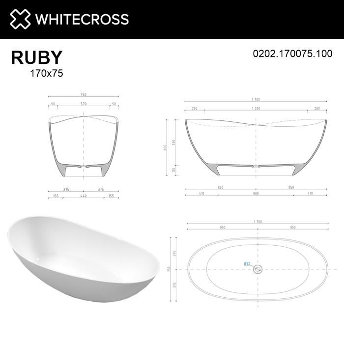 Ванна из искусственного камня WHITECROSS 0202.170075.100 Ruby 170x75 белый глянец