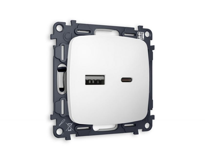 Комплект механизма розетки Ambrella Volt OMEGA Белый матовый 2USB A+C 20W (быстрая зарядка) (OP1310, VM177) MO131010 фото 1