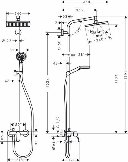 Душевая стойка Hansgrohe Crometta E 240 1jet Showerpipe 27284000