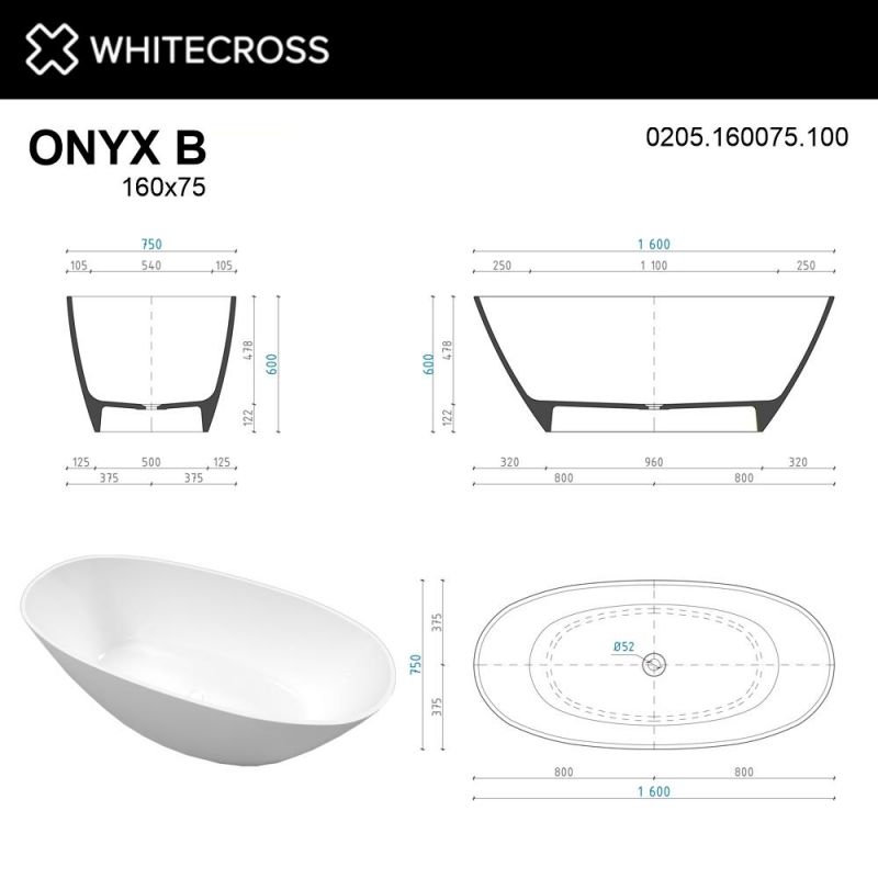 Ванна из искусственного камня WHITECROSS 0205.160075.100 Onyx B 160x75 белый глянец