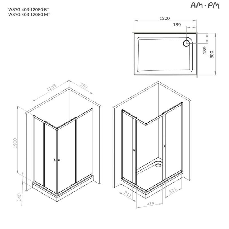 Душевой уголок AM.PM Sunny W87G-403-12080-BT 120x80 см, черный матовый