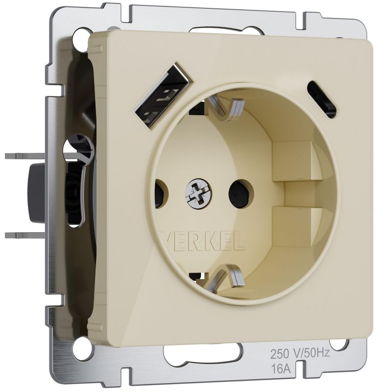 Розетка с заземлением, шторками и USB тип A+C (айвори акрил) Werkel W1171743 фото 1