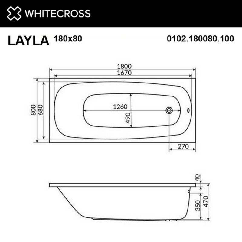 Акриловая ванна WHITECROSS 0102.180080.100.SOFT.GL Layla 180x80 "SOFT" (золото)