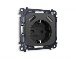Комплект механизма электрической розетки Ambrella Volt OMEGA Графит мягкое касание 2USB A+A 18W (быстрая зарядка) с/з (OP9090, VM155) MO909010