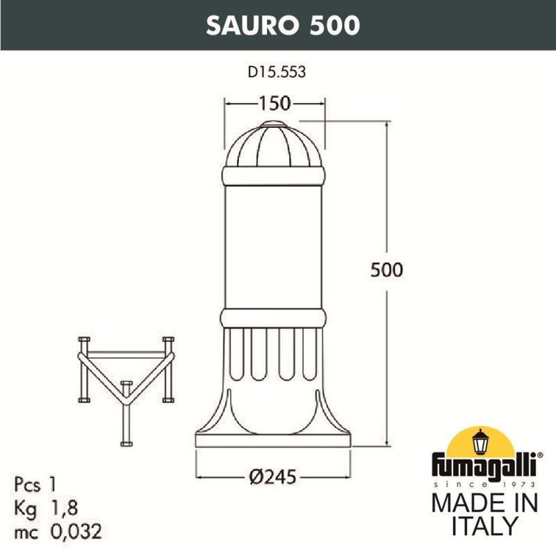 Садовый светильник-столбик Fumagalli SAURO черный D15.553.000.AXF1R.FRA