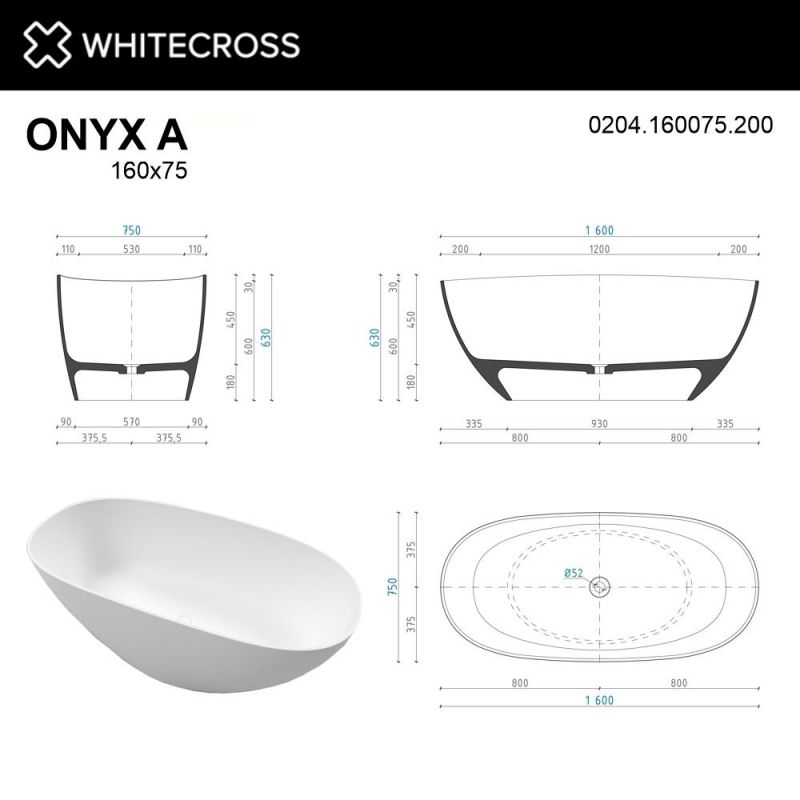 Ванна из искусственного камня WHITECROSS 0204.160075.200 Onyx A 160x75 белый матовый