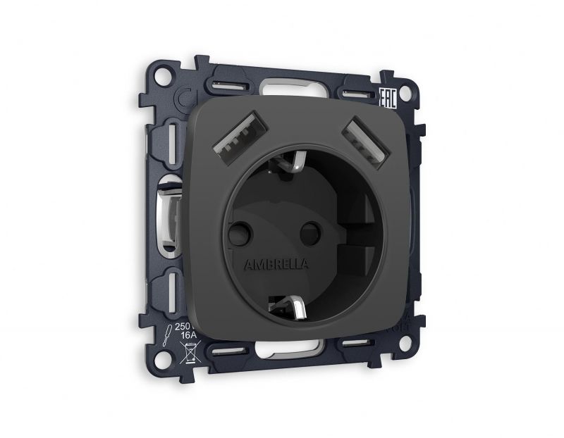 Комплект механизма электрической розетки Ambrella Volt OMEGA Графит мягкое касание 2USB A+A 18W быстрая зарядка с заземлением и шторками 2P+E 16A-250 QUANT MO909010 фото 1