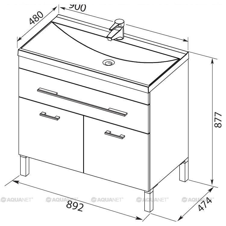 Тумба с раковиной Aquanet Верона NEW 90 белый (напольная 1 ящик 2 дверцы) 00213032