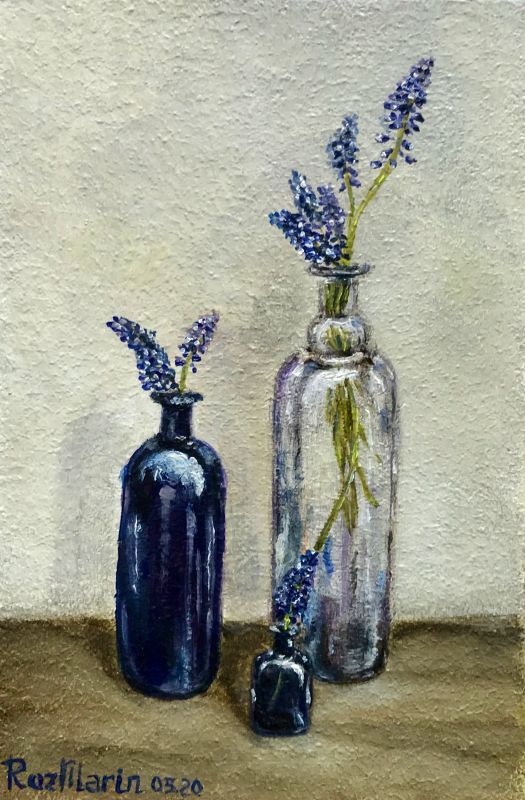 Картина "BLUE GLASSES WITH FLOWERS STILL-LIFE'S" Марина Дерягина