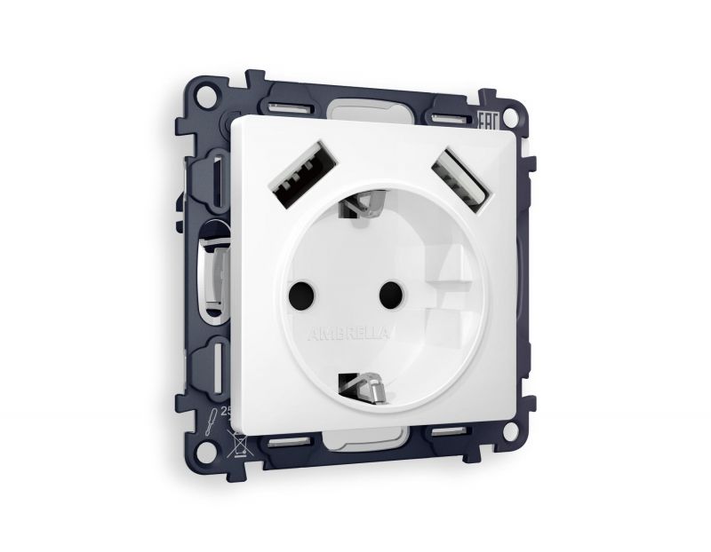 Комплект механизма электрической розетки Ambrella Volt ALFA Белый глянец 2USB A+A 18W (быстрая зарядка) с/з (AP1090, VM155) MA109010 фото 1