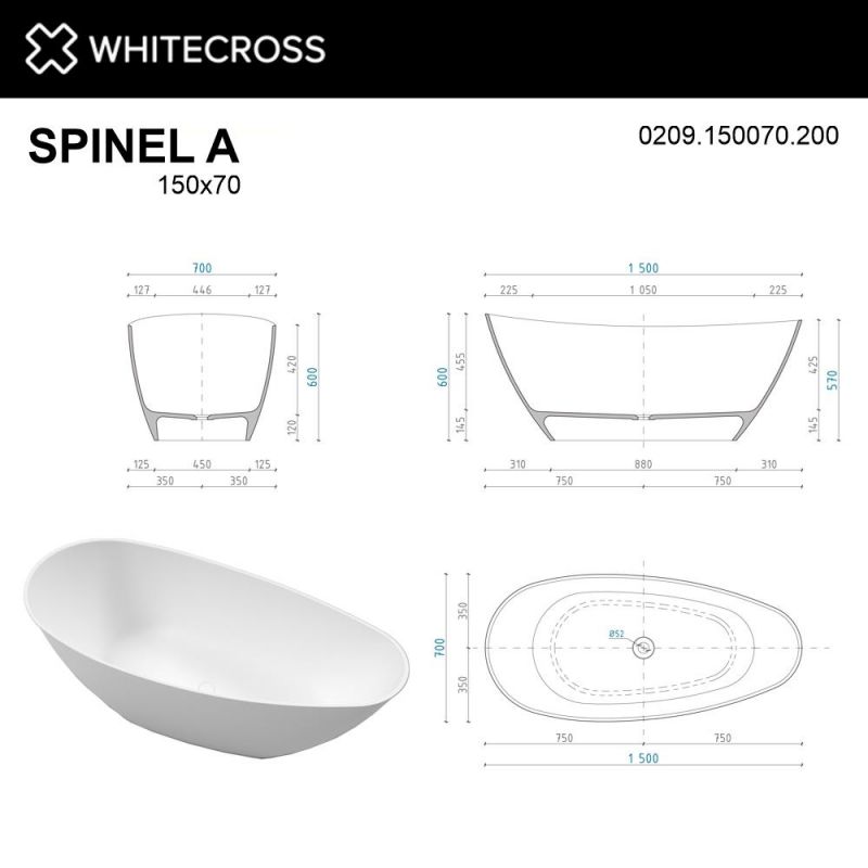 Ванна из искусственного камня WHITECROSS 0209.150070.200 Spinel A 150x70 белый матовый фото 7