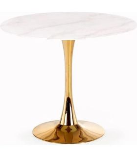 Стол Tulip D90, столешница керамика белый мрамор /опора золото DM 242