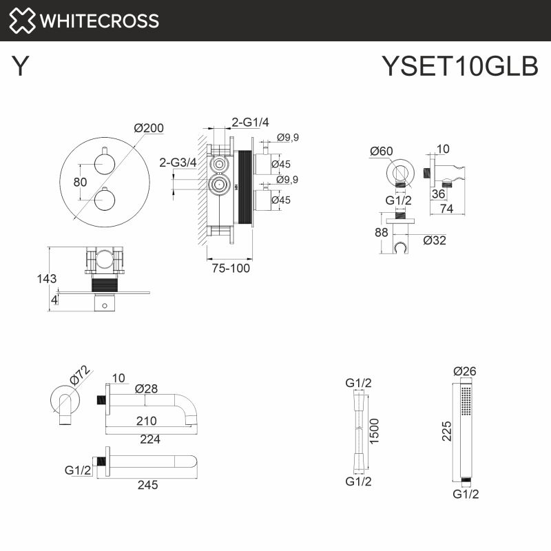 Термостатическая система для ванны скрытого монтажа WHITECROSS Y YSET10GLB, брашированное золото