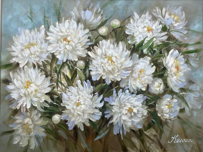 Картина "Белые хризантемы" Когай Жанна