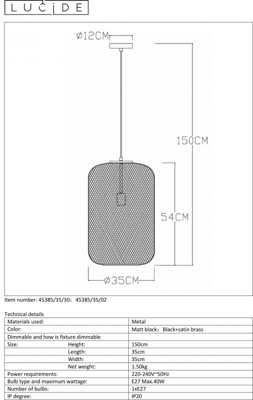 Светильник подвесной Lucide MESH 45385/35/30