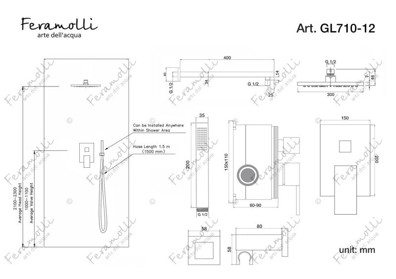 Душевой комплект Feramolli Cubo GL710-12 (30см.), золото