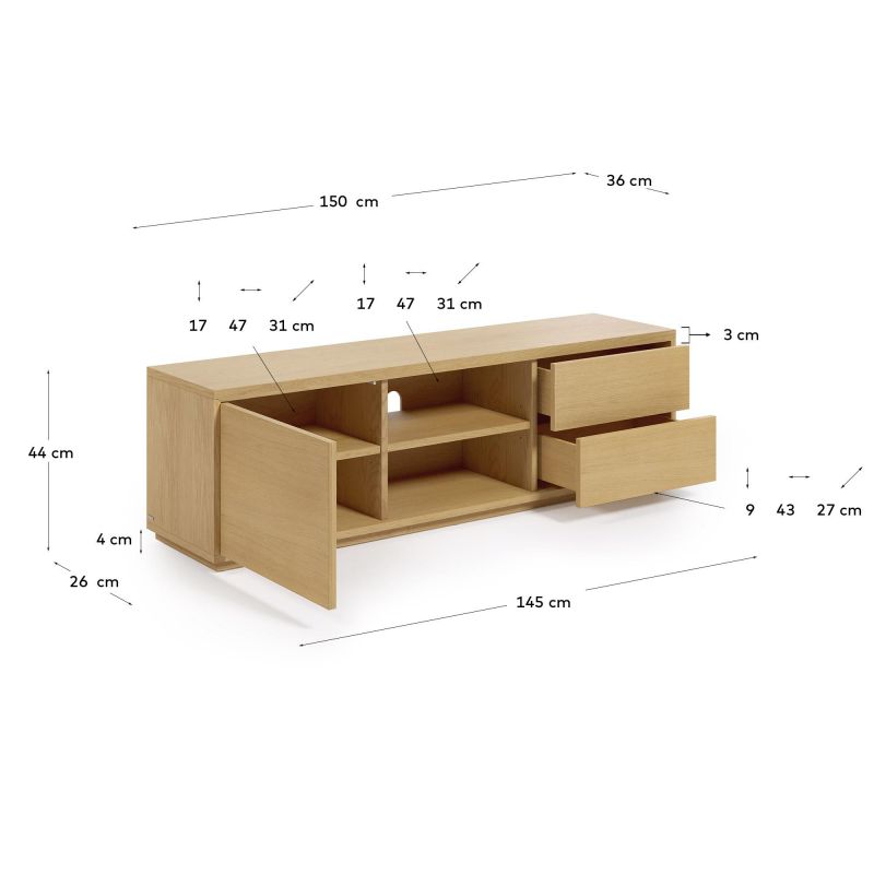 Тумба под TV с одной дверцей из шпона дуба с 2 ящиками 150 x 43,6 Abilen  La Forma (ex Julia Grup) BD-2608454