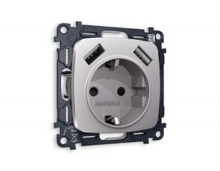 Комплект механизма электрической розетки Ambrella Volt OMEGA Сталь матовый 2USB A+A 18W (быстрая зарядка) с/з (OP5090, VM155) MO509010