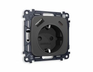 Комплект механизма электрической розетки Ambrella Volt OMEGA Графит мягкое касание 2USB A+C 20W (быстрая зарядка) с/з (OP9100, VM160) MO910010