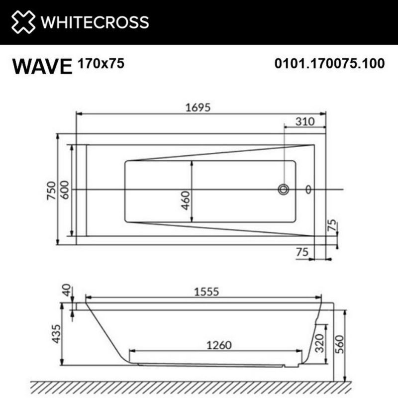 Акриловая ванна WHITECROSS 0101.170075.100.SOFT.CR Wave 170x75 "SOFT" (хром)