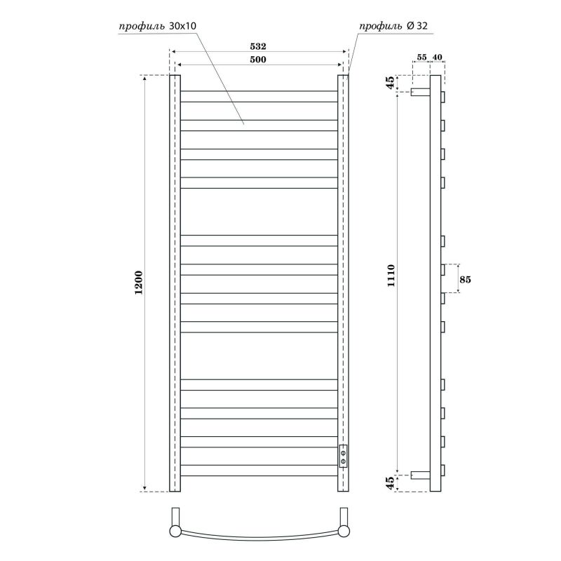 Полотенцесушитель электрический Point Антея PN17852B П12 500x1200, диммер справа, черный фото 4