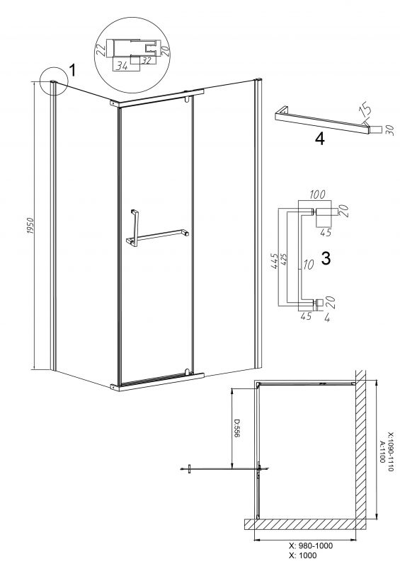 Душевой уголок Grossman Pragma 120.K33.03.1110.21.02, 110х100 см, профиль черный матовый, стекло шиншилла, L фото 3