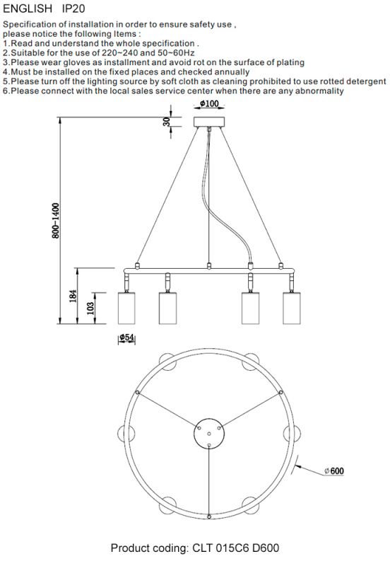 Светильник подвесной Crystal Lux CLT 015 CLT 015C6 D600 BL