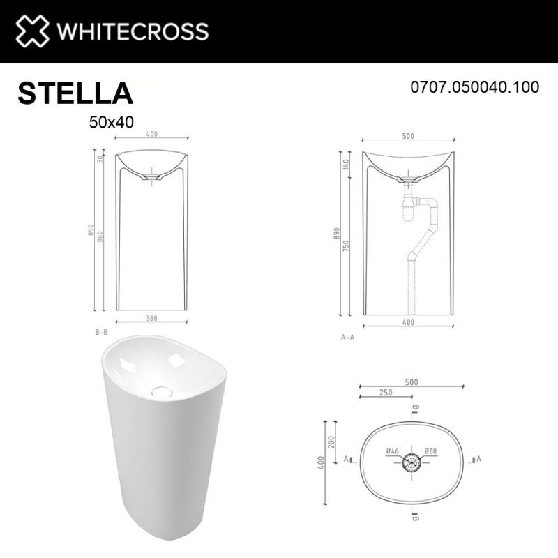 Раковина WHITECROSS 0707.050040.100 Stella 50x40 белый глянец