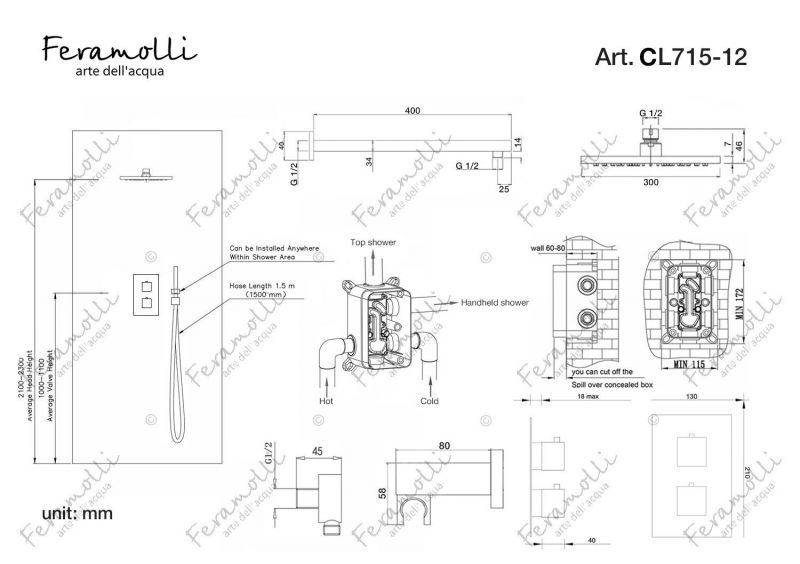 Душевой комплект с термостатом Feramolli Termostato CL715-12 (30см.), хром фото 2