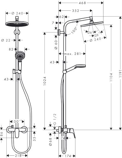 Душевая стойка Hansgrohe Crometta S 240 1jet Showerpipe EcoSmart 27269000 9 л