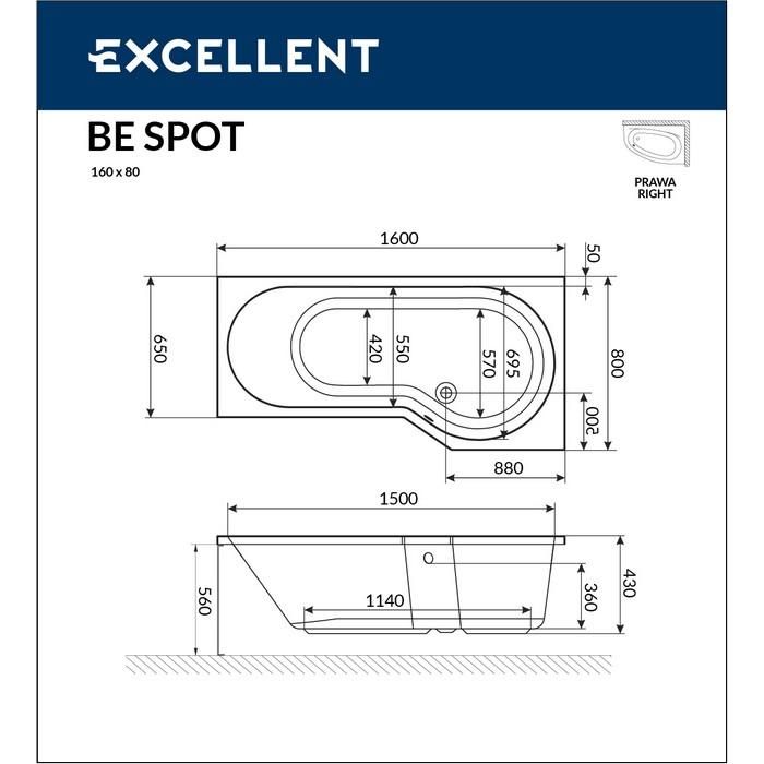 Акриловая ванна Excellent Be Spot WAEX.BSP16.RELAX.CR 160x80 с г/м, R  хром фото 3