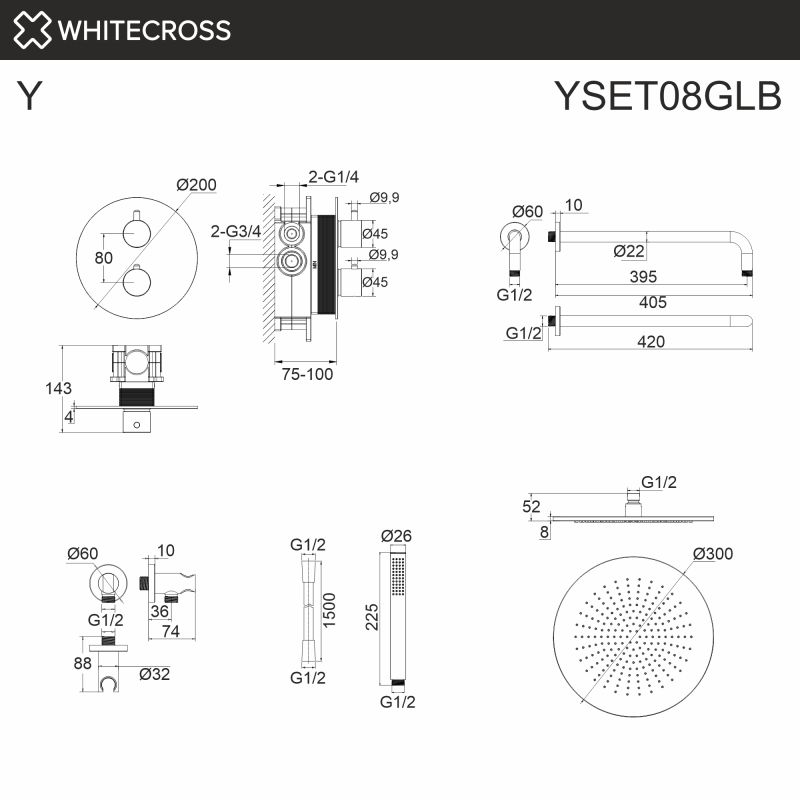 Термостатическая душевая система скрытого монтажа WHITECROSS Y YSET08GLB, брашированное золото