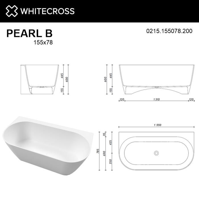 Ванна из искусственного камня WHITECROSS 0215.155078.200 Pearl B 155x78 белый матовый