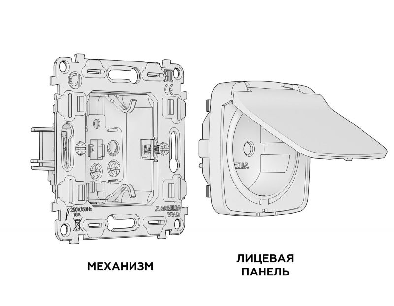 Комплект механизма электрической розетки Ambrella Volt OMEGA Антрацит серый с заземлением с шторками и защитной крышкой 2P+E 16A-250V IP44 QUANT MO658010 фото 3