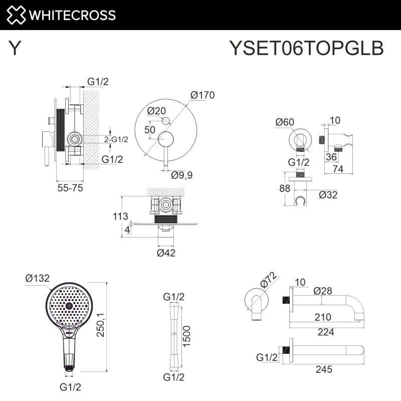 Система для ванны скрытого монтажа WHITECROSS YSET06TOPGLB брашированное золото фото 3