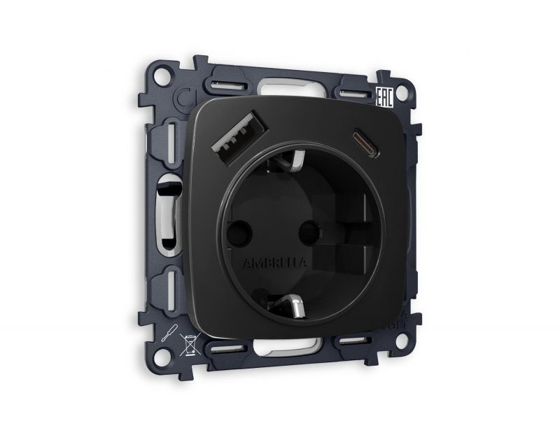 Комплект механизма электрической розетки Ambrella Volt OMEGA Черный матовый 2USB A+C 20W (быстрая зарядка) с/з (OP8100, VM160) MO810010 фото 1