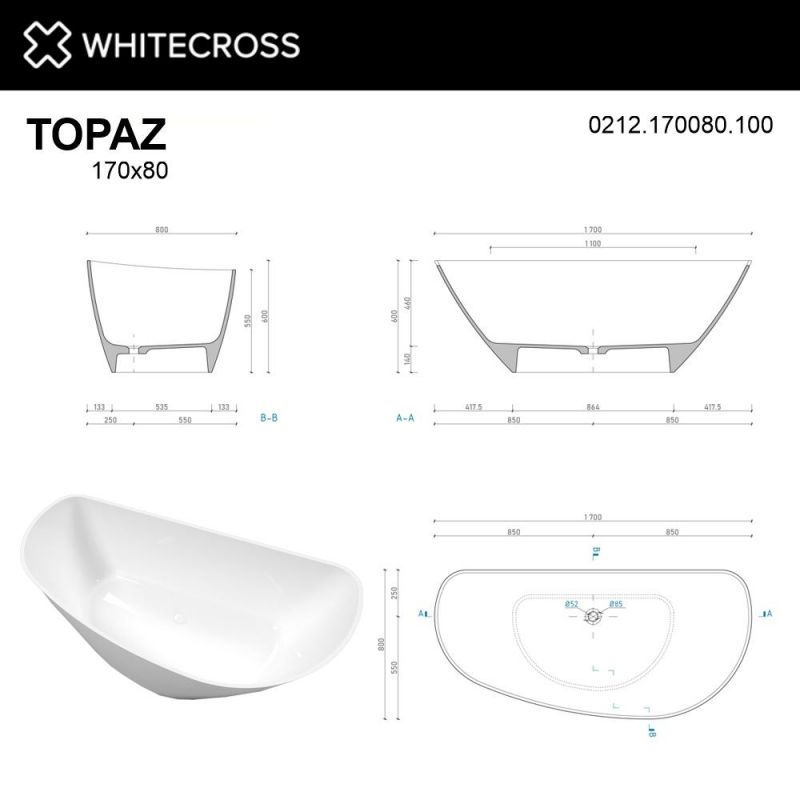 Ванна из искусственного камня WHITECROSS 0212.170080.100 Topaz 170x80 белый глянец