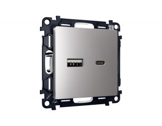 Комплект механизма розетки Ambrella Volt ALFA Сталь матовый 2USB A+C 20W быстрая зарядка QUANT MA511010
